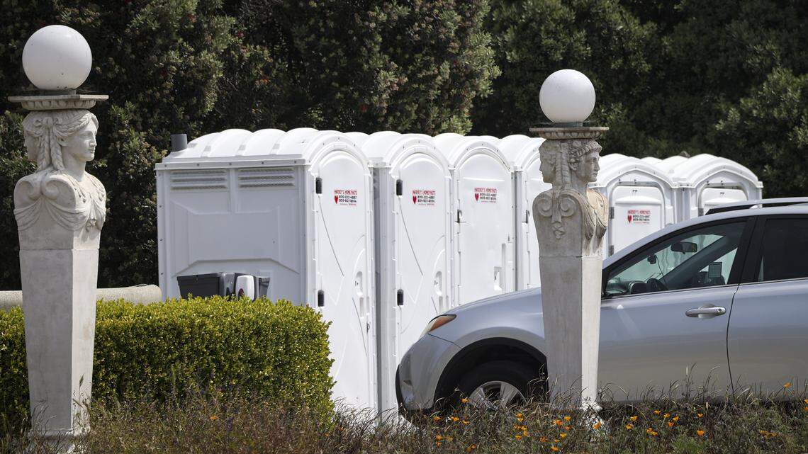 Portable toilets are in use on April 9, 2026 at the Hearst Castle Visitor's Center while work is done to upgrade century old pipes and tank that deliver water to both the visitor's center and the Castle. The tour experience is unchanged, the pools are full, all tours open.