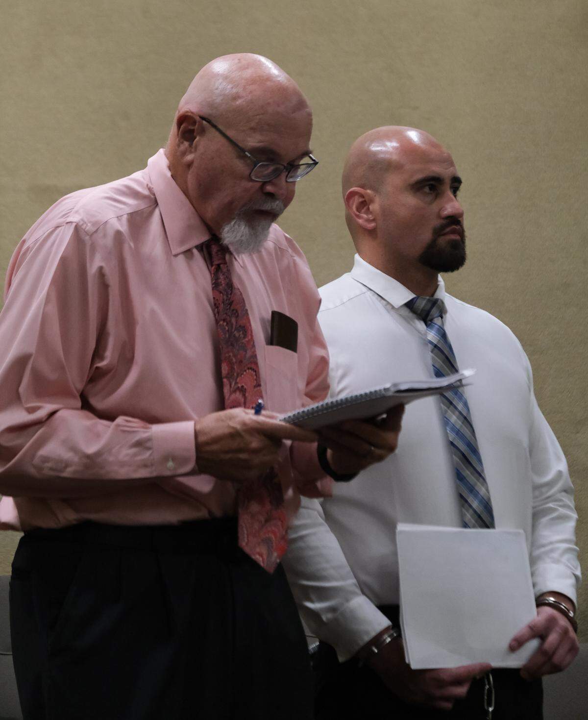 Andrew Rodriguez, right, enters a not guilty plea to murder with his lawyer Ilan Funke-Bilu in San Luis Obispo Superior Court on Sept. 30, 2024. The 34-year-old is accused of murdering 39-year-old Jonathan Perez in Pismo Beach.