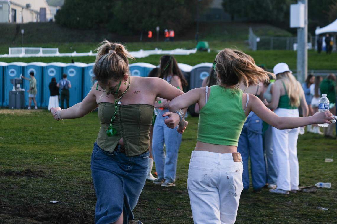 Cal Poly students dance as EDM artist Zhu perform at Cal Poly’s “Morning on the Green” music festival as the sun rises on March 15, 2025. The festival was sponsored by the university to give students a safer option instead of partying in the streets on St. Fratty’s Day.