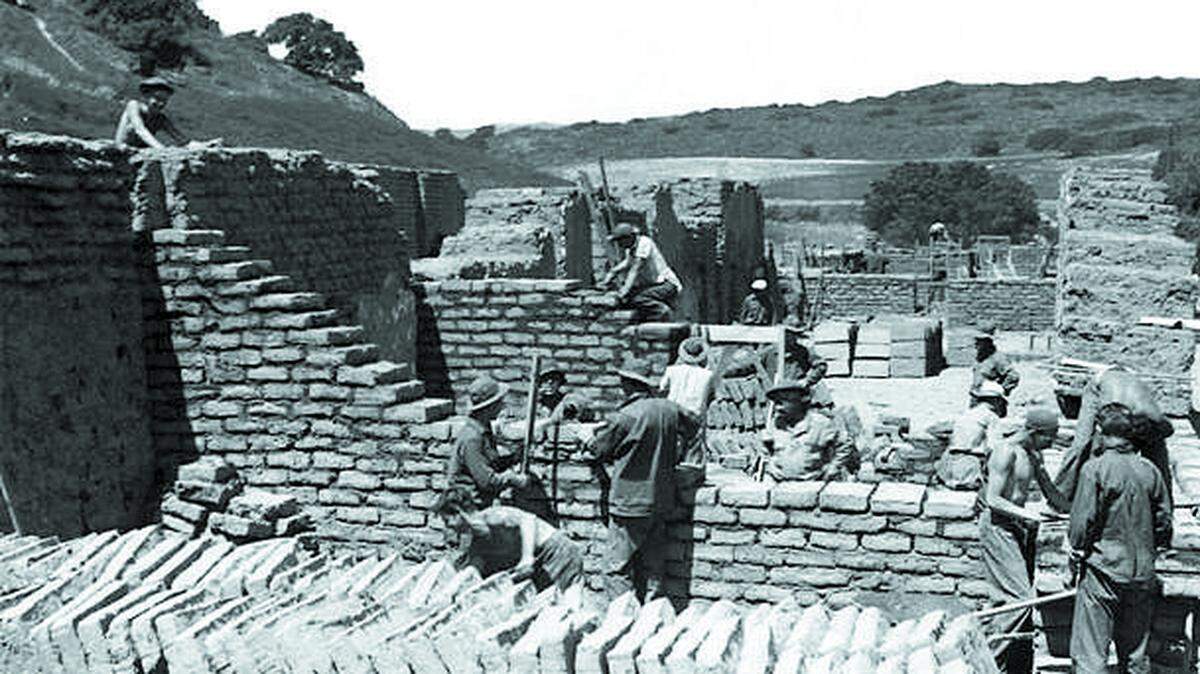 Civilian Conservation Corps members rebuilding Mission La Purisima Concepcion in 1935.