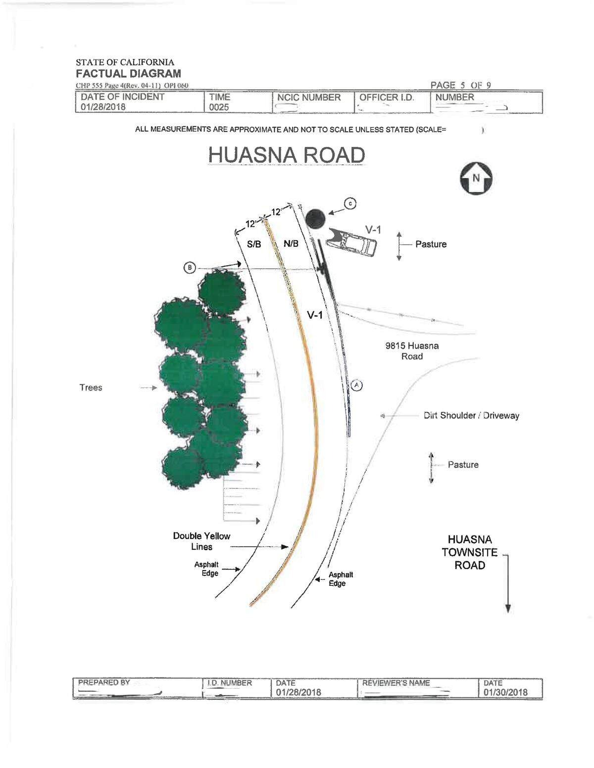 A diagram of the crash scene constructed by a California Highway Patrol investigator.