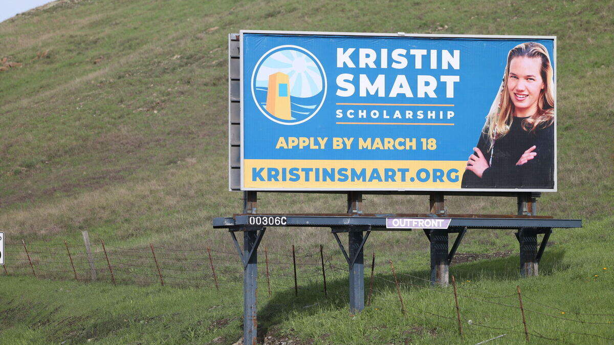 A billboard promoting the Kristin Smart Scholarship stands in San Luis Obispo on Jan. 12, 2023.