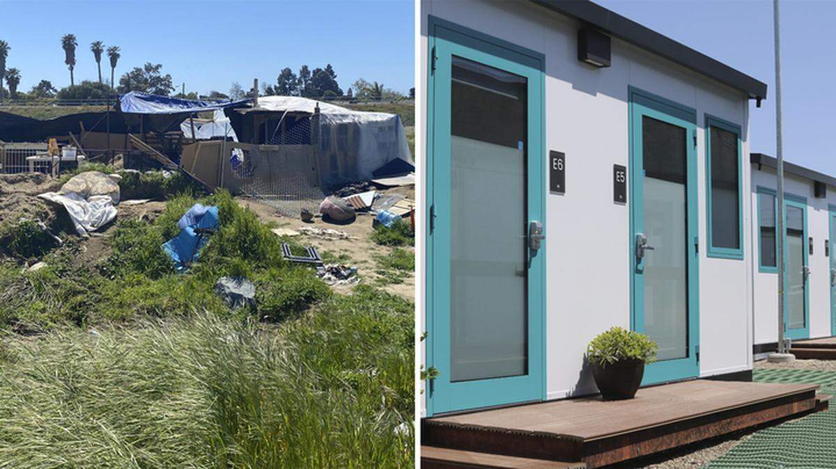 Nonprofit organizations like 5Cities Homeless Coalition are trying to replace encampments like the one at left with housing projects such as Balay Ko on Barca in Grover Beach, where residents can stay up to stay up to six months and are provided case management.