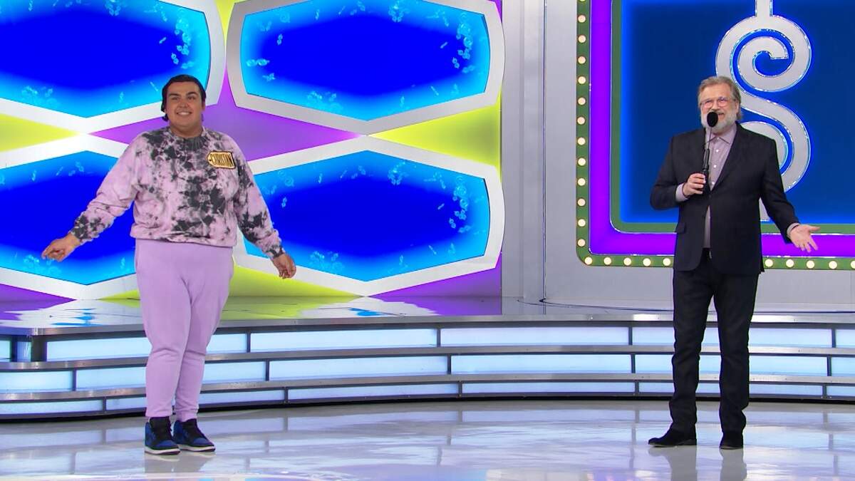 San Luis Obispo County social media influencer Christian Garcia, left, and “The Price is Right” host Drew Carey appear on the CBS game show on Monday, May 3, 2021.