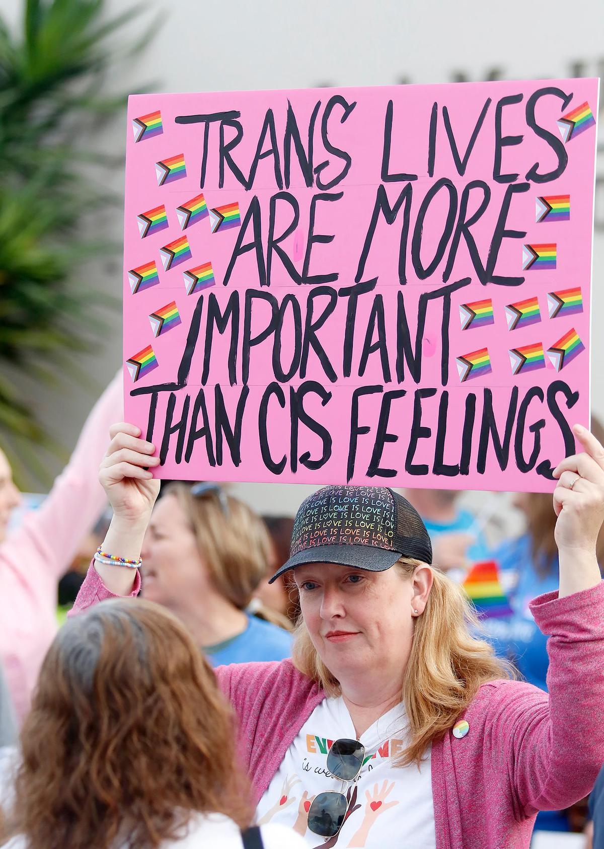 Virgina Roof, a member of the South County Democratic Club, rallied supporters of transgender students during a rally before the Lucia Mar Unified School District board meeting on May 6, 2025.