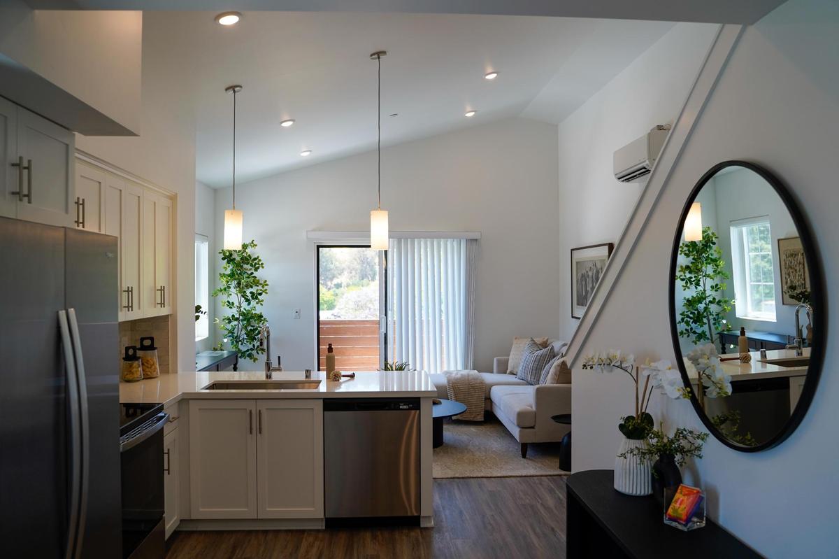 The newly completed Artisan Apartments by developer Abbott | Reed features some 17 unique floor plans to work with the natural shape of its lot in downtown San Luis Obispo, pictured Thursday, June 12, 2025. The new 36-unit apartment complex utilizes an all-electric design and dense, tall infill techniques to place the units on a small lot along San Luis Obispo Creek.