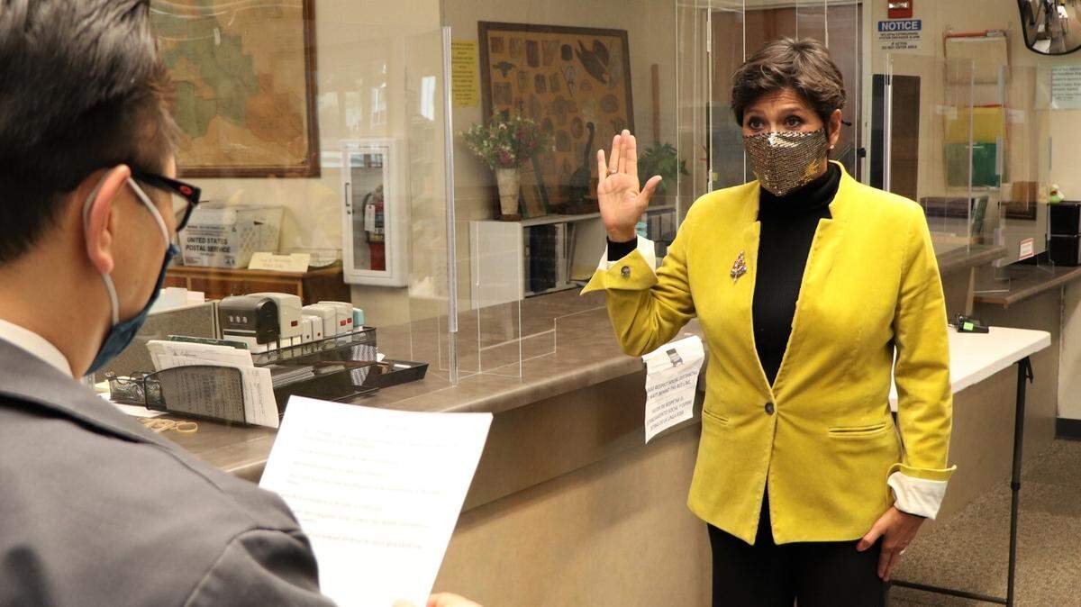 Dawn Ortiz-Legg is sworn into office by County Clerk-Recorder Tommy Gong. Gov. Gavin Newsom appointed Ortiz-Legg to replace Adam Hill as District 3 supervisor.