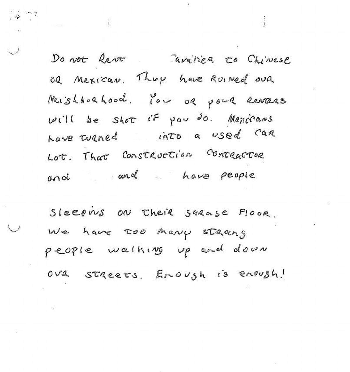 A letter send to a San Luis Obispo realtor in May 2019. Prosecutors initially charged retired San Luis Obispo firefighter Richard Orcutt with sending the letter, but charges were dismissed Thursday, Sept. 24, 2020. Names and addresses have been removed from the letter.