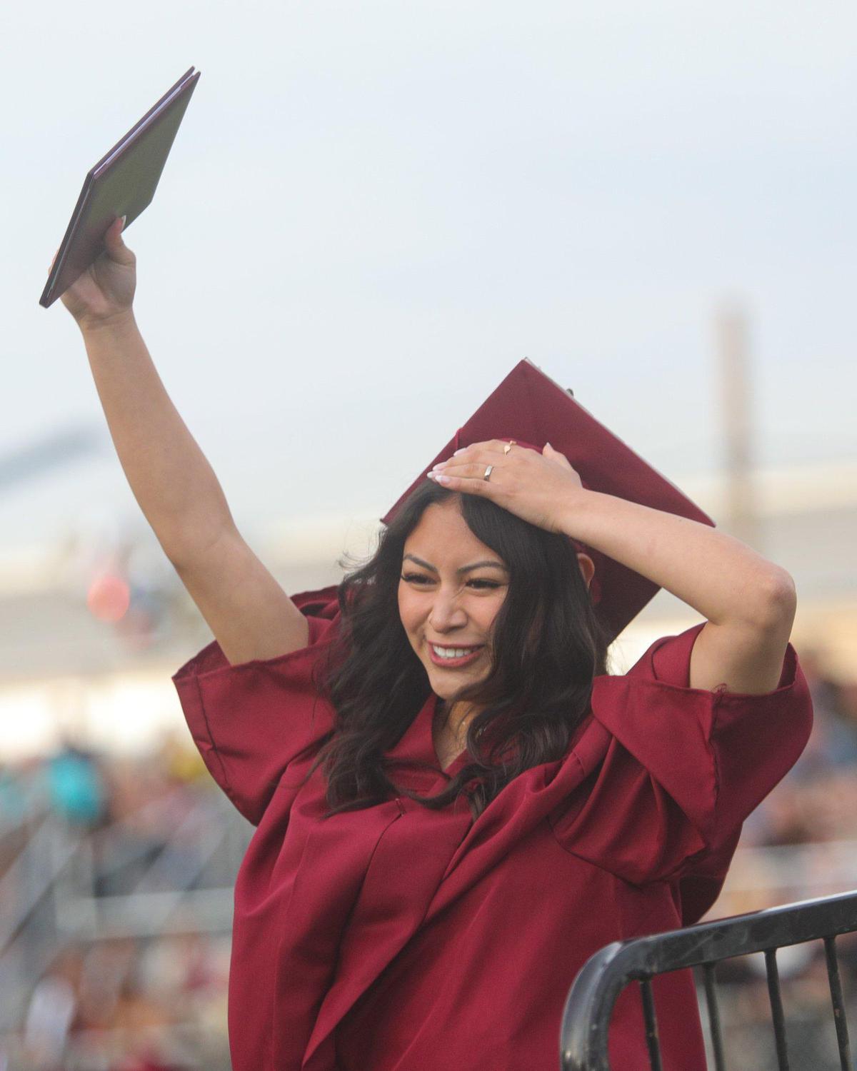 Aranza Mauro Camacho celebrates getting her diploma. Paso Robles High School conferred degrees on 383 graduates as the Class of 2023 attended the ceremony at War Memorial Stadium.