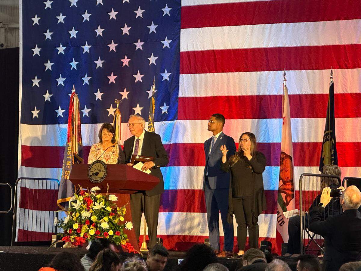 Stan Smart speaks at Stockton’s State of the City address after he and his wife, Denise Smart, received a key to the city on May 18, 2023.