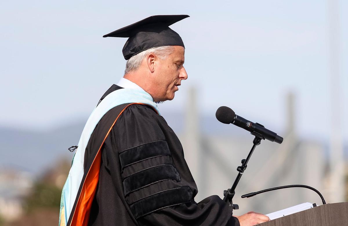 At Morro Bay High School, 180 grads were honored Thursday evening in a ceremony at the school’s football field. Superintendent Eric Prater gives the certification of the graduates speech.