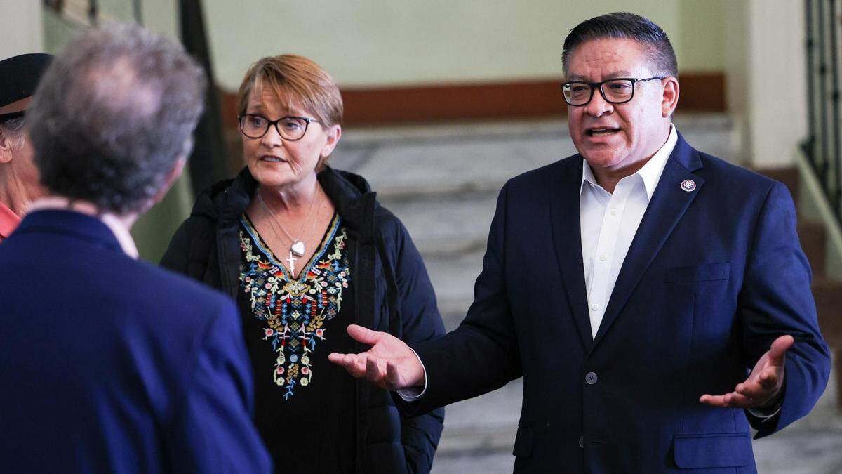Cheryl Haines, a 3-year resident of the Anderson Hotel, and Congressman Salud Carbaja talk about how securing funding for the Anderson Hotel will help preserve housing for fixed-income residents, during Carbajal’s visit on April 22, 2022.