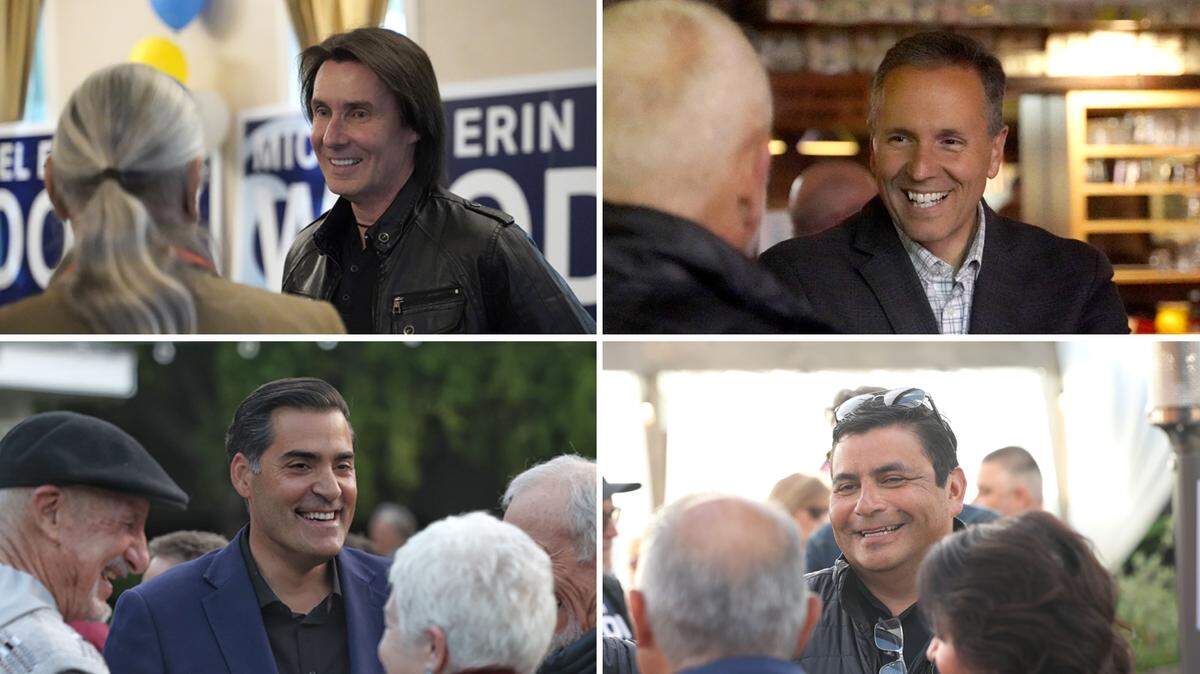 At top, Michael Erin Woody, left, and Jim Dantona talk to supporters at their Election Night parties on June 2, 2026, in the race for District 2 supervisor. At bottom, Jimmy Paulding, left, and Adam Verdin mingle as they watch the vote count.