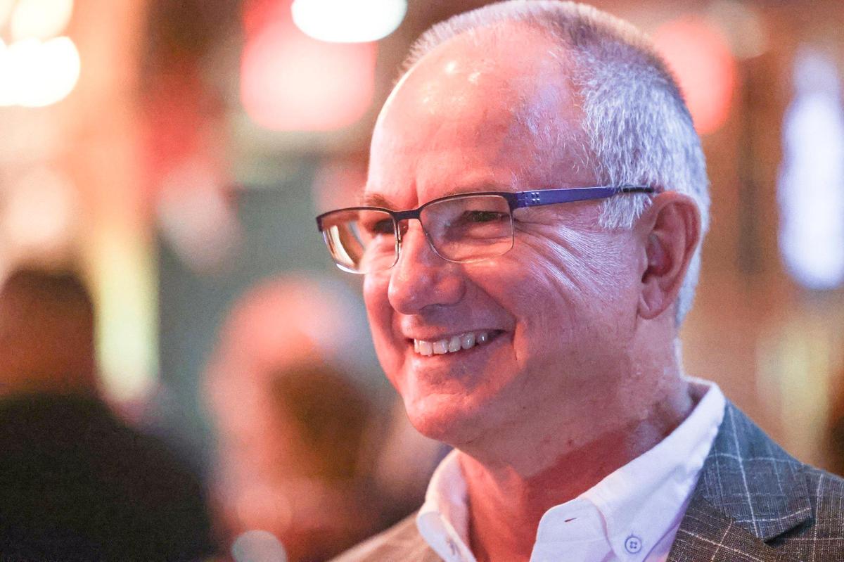 Cal Poly professor and SLO City Council candidate Mike Boswell smiles as early results start to be posted. He attended an election night party hosted by the SLO Dems at Benny’s Pizza Palace and Social Club on Election Night Nov. 5, 2024