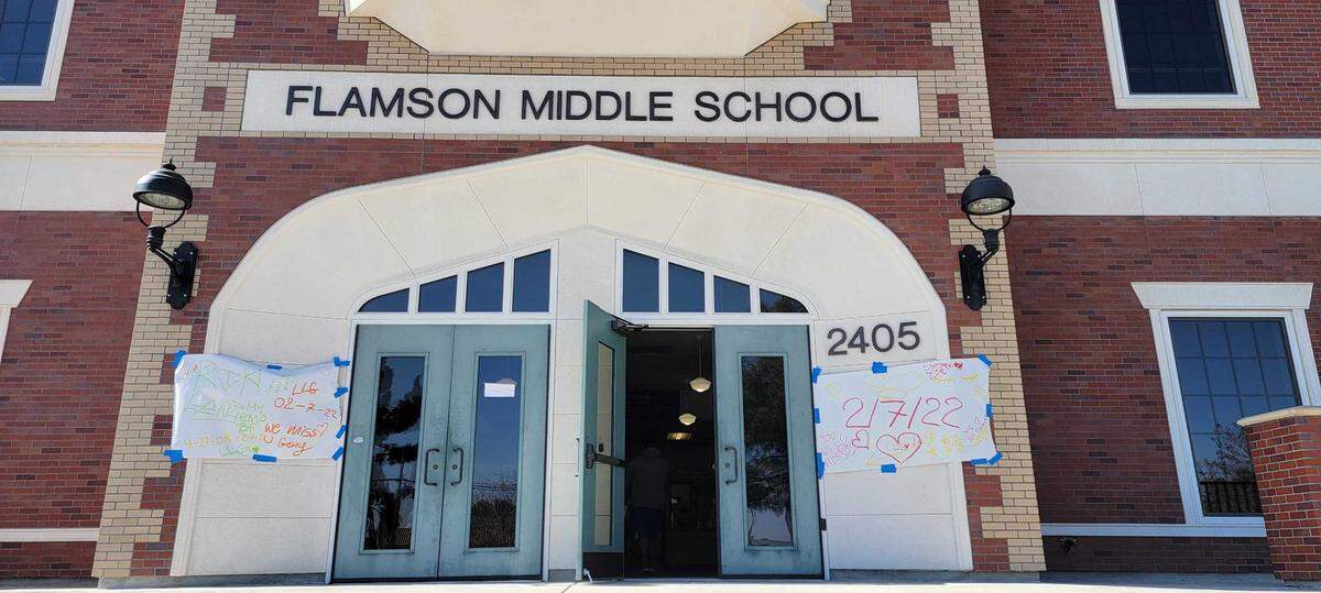 Students posted signs at Flamson Middle School in memory of Genesis “Geny” Guerrero, who was hit by a train and killed on Monday, Feb. 7, 2022, in Paso Robles.