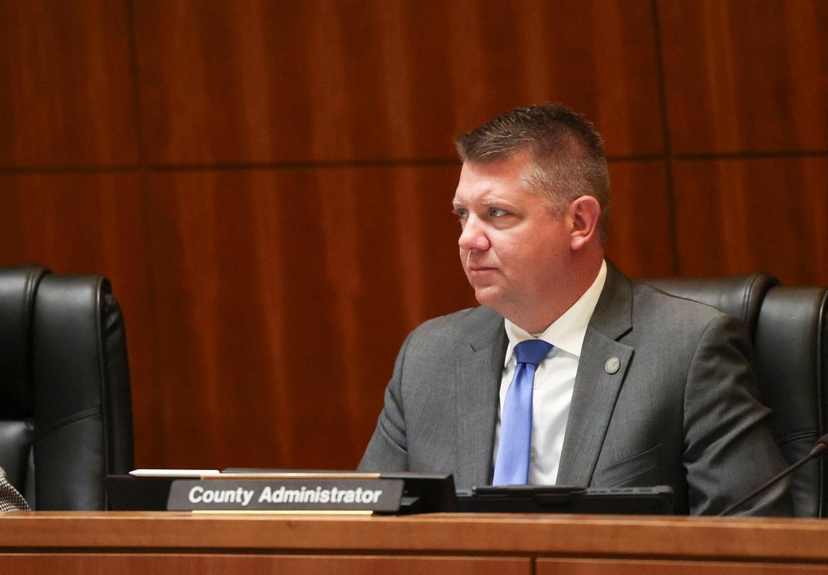 San Luis Obispo County Counsel Rita Neal and County Administrative Officer Matt Pontes listen to the San Luis Obispo County Board of Supervisors meeting on May 21, 2024.