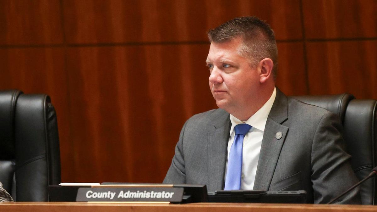San Luis Obispo County Counsel Rita Neal and County Administrative Officer Matt Pontes listen to the San Luis Obispo County Board of Supervisors meeting on May 21, 2024.