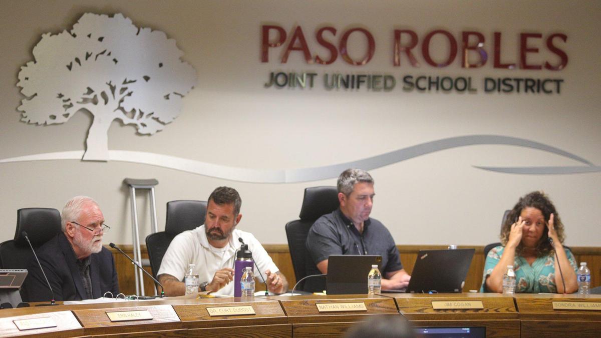Paso Robles Joint Unified School District Superintendent Curt Dubost at far left offers potential options for a future votes on elementary school sites in the district. Pictured are some of the board members including from the left President Nathan Williams, Jim Hogan and Sondra Williams.