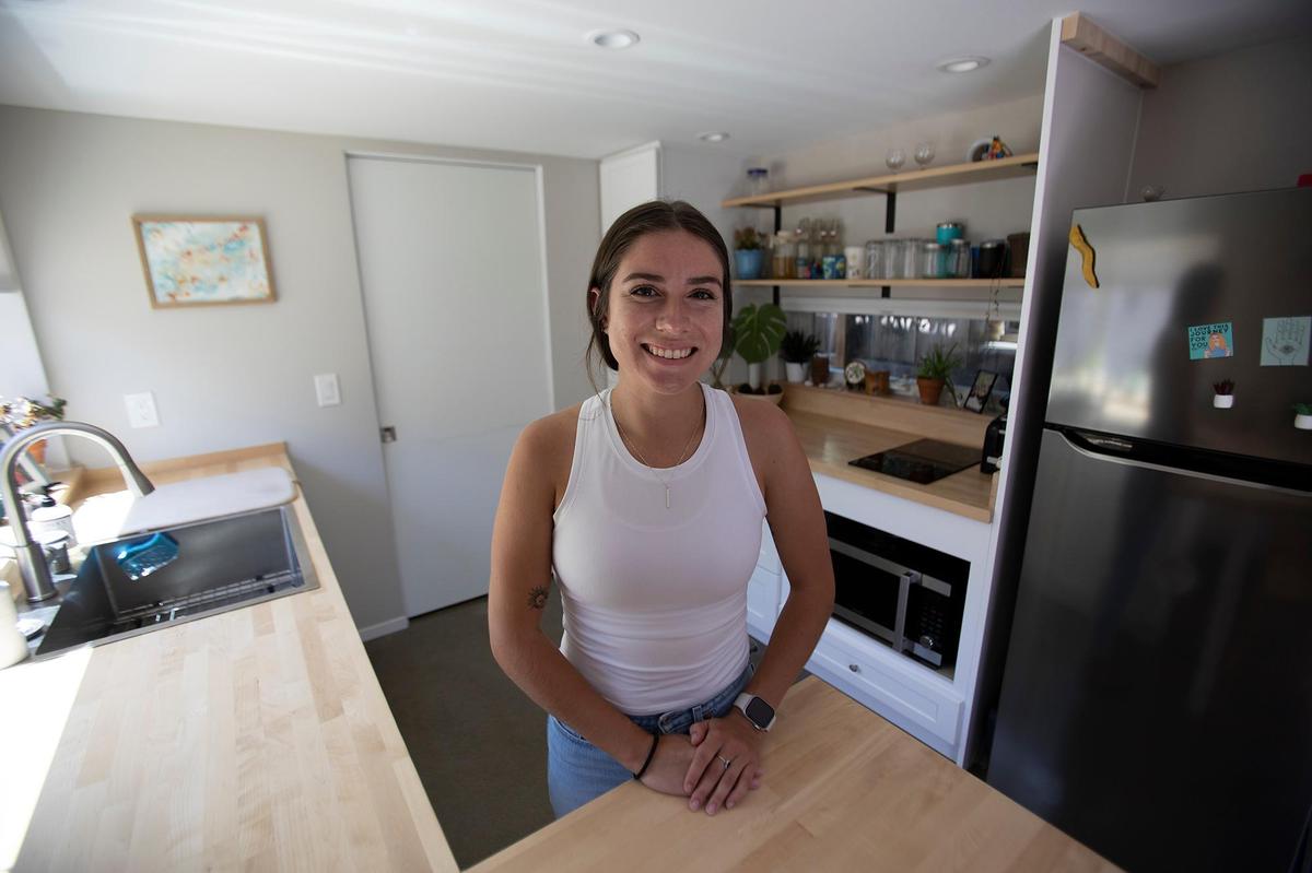 Accessory dwelling unit tenant, Chloe Rodrigues in her San Luis Obispo kitchen.