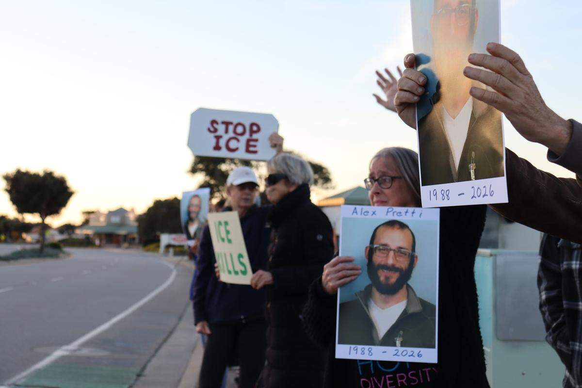 All four corners of Los Osos Valley Road and South Bay Boulevard in Los Osos were taken over by a vigil for Alex Pretti, the second person killed by federal immigration officers in Minneapolis in a month, on Jan. 26, 2026. Attendees honored the Minnesota man’s life and called for accountability from ICE.