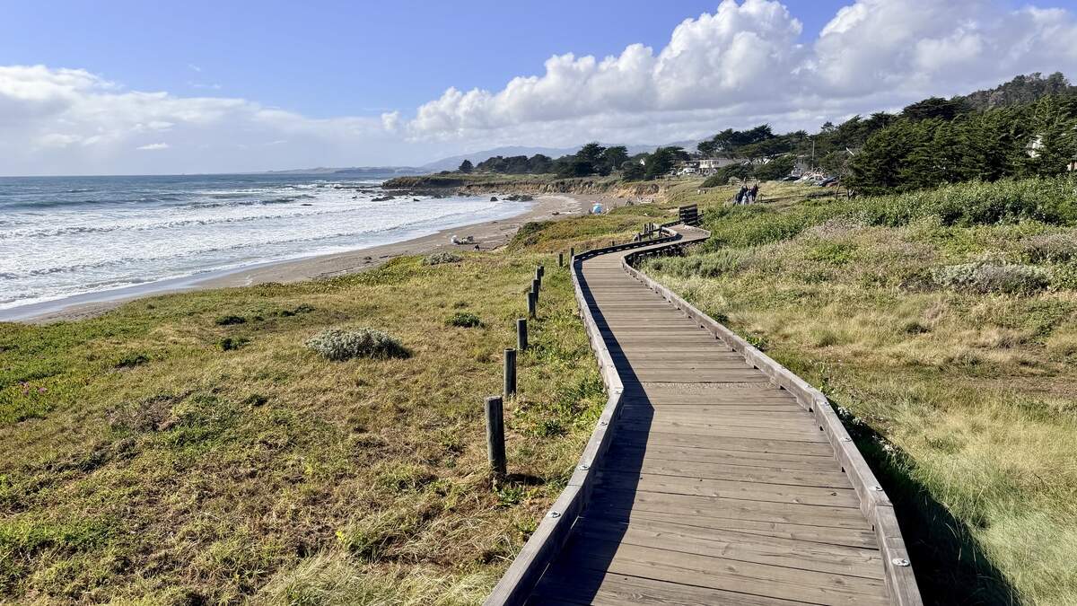 The boardwalk at Moonstone Beach in April 2026.