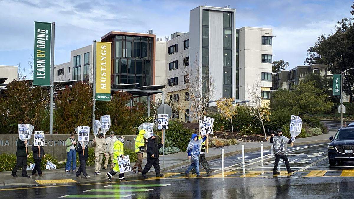 Teamsters manned picket lines at Cal Poly on Feb. 17, 2026 like this one at the Grand Ave. entrance.