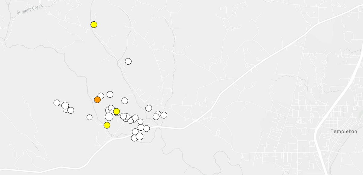 Circles on this U.S. Geological Survey map show where earthquakes have occurred near Templeton within 30 days of Dec. 22, 2025.