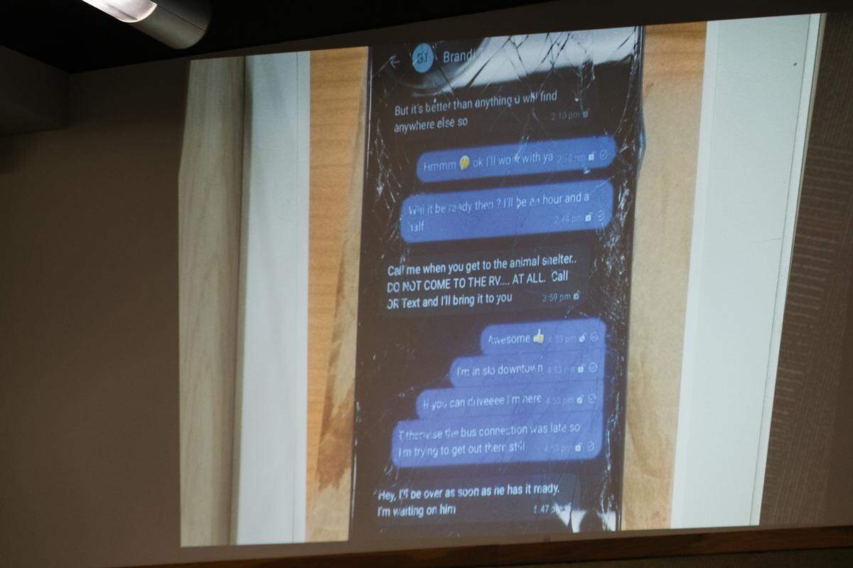 A photo of Quinn Hall’s phone with messages he sent via Signal to coordinate a drug deal on Oct. 26, 2022, with Brandi Turner, who is charged with murder in relation to his death from a fentanyl overdose, was shown in San Luis Obispo Superior Court on Jan. 10, 2024.