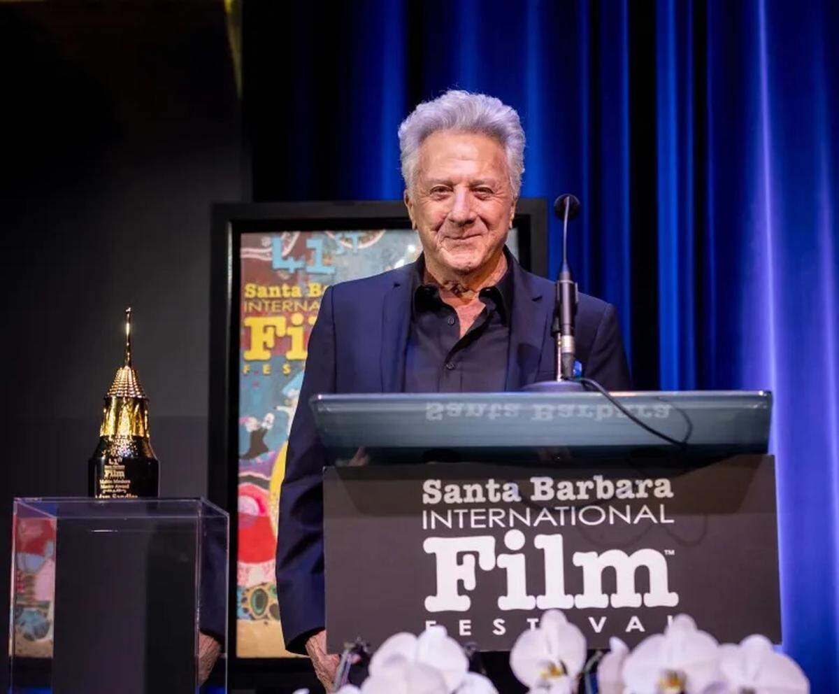 Actor Adam Sandler accepted the Maltin Modern Master Award from actor and filmmaker Dustin Hoffman at the Santa Barbara International Film Festival Thursday night, Feb. 5, 2026.