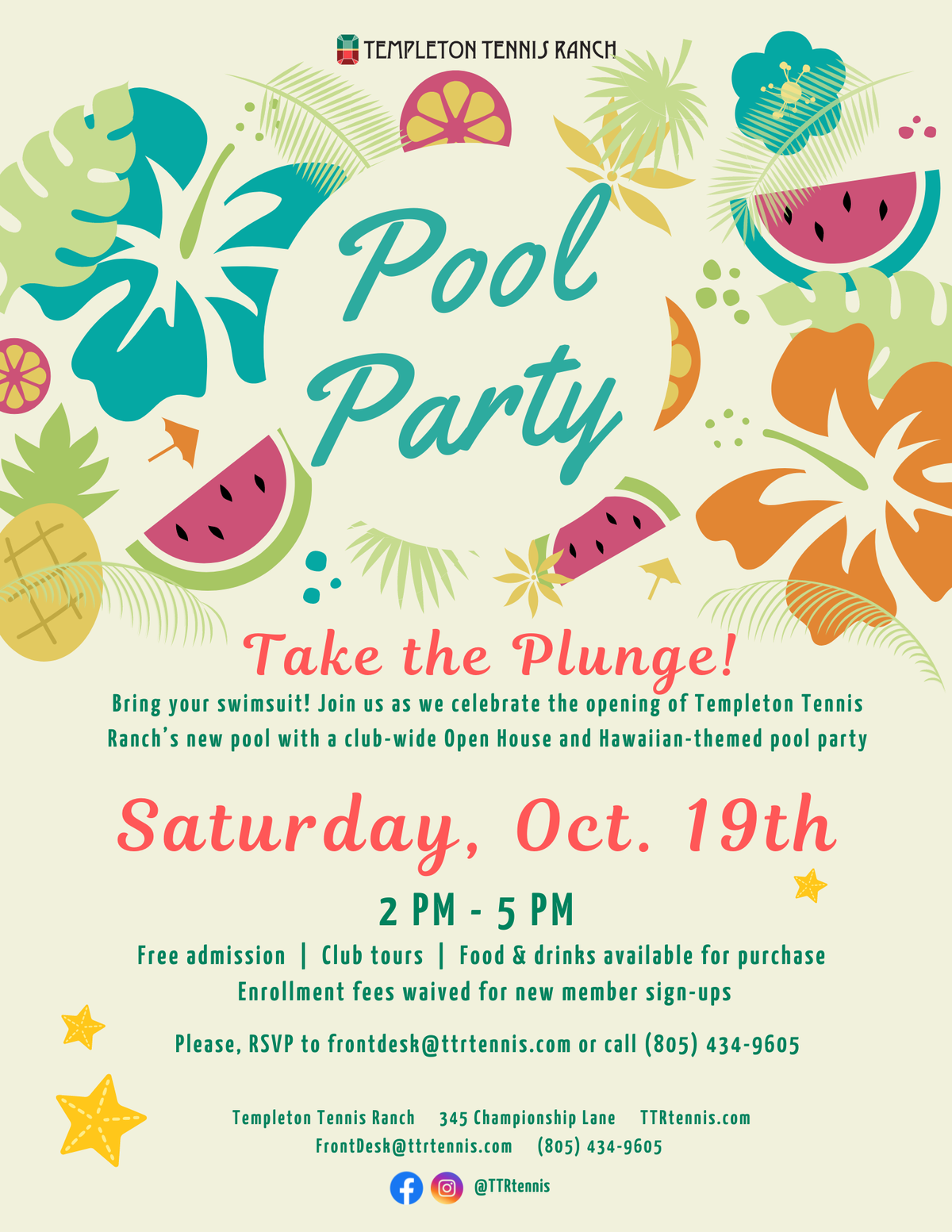 The Templeton Tennis Ranch will host a Hawaiian-themed pool party on Oct. 19 to celebrate the opening of its new competition lap pool.