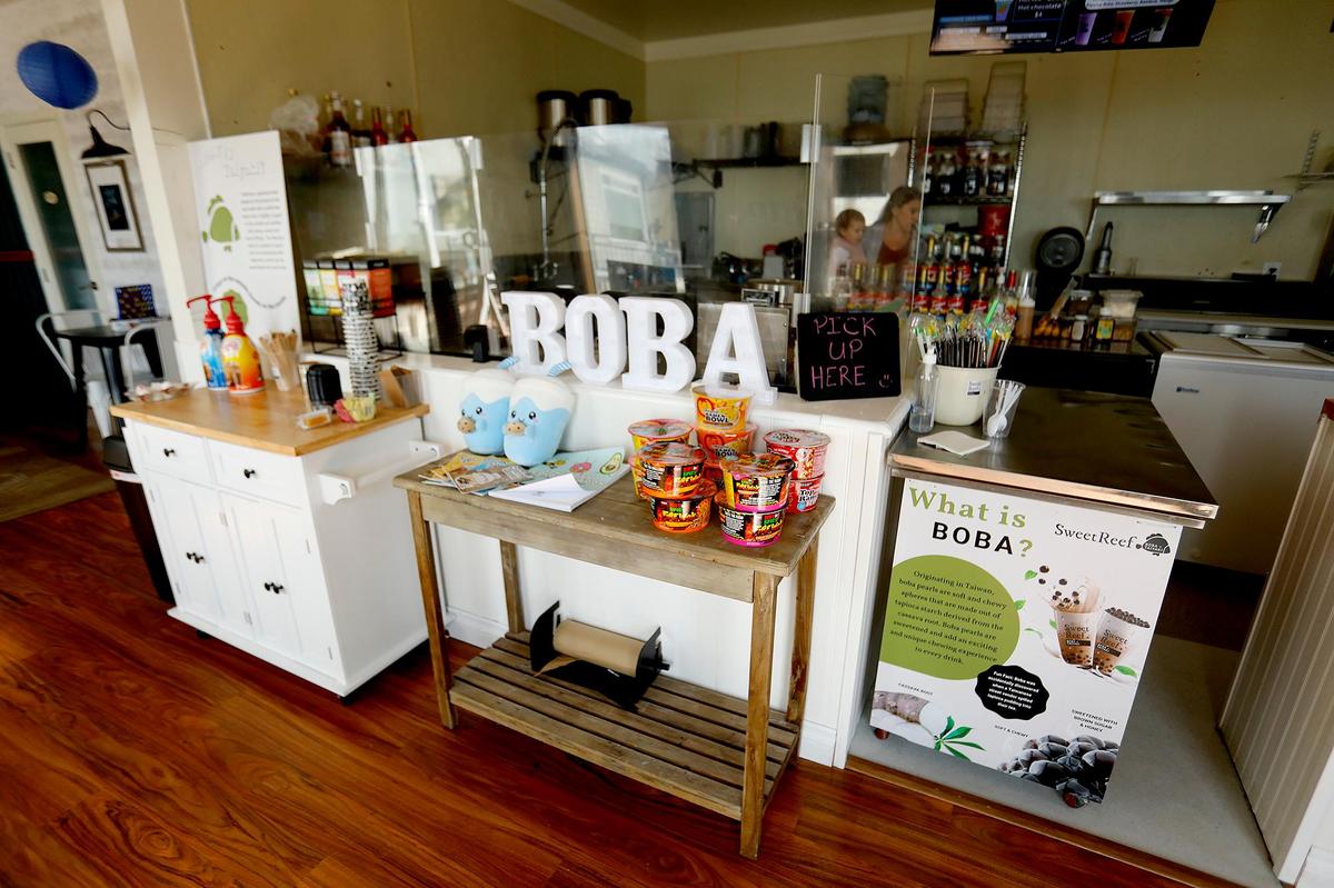 The counter and the kitchen when you walk inside. Sweet Reef Boba and Taiyaki moved locations to a prominent spot in The Boatyard.