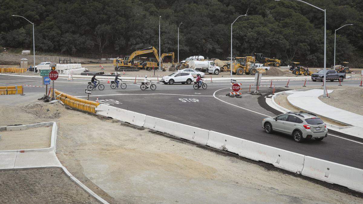 Avila Beach businesses are bracing for revenue losses as one of the town's two highway exits, Avila Dr. is expected to close for over a month beginning Aug. 18 to build a roundabout, seen here on Aug. 15, 2025.