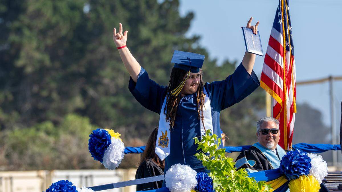 Arroyo Grande High School graduate Daniel Jones-Iles walks the stage during graduation ceremonies on Thursday, June 4, 2026. A class of 443 seniors walked the stage at Doug Hitchen Stadium.