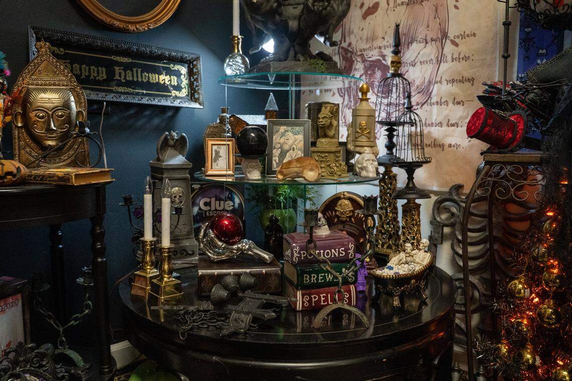 A room themed around dark gothic antiques is part of the new home of Odd Fellows Antiques Emporium in Grover Beach, pictured here on Tuesday, Nov. 11, 2025. The antique store moved to 1527 W Grand Ave. in August after its 983 W Grand Ave. home was sold to new owners.