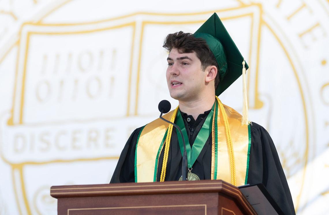 Cal Poly kicked off graduation weekend with three ceremonies on June 15, 2024. The university expects to celebrate more than 6,300 graduates throughout the weekend. Samuel Andrews, president of Associated Students, Inc. stood at the podium for the student comment.