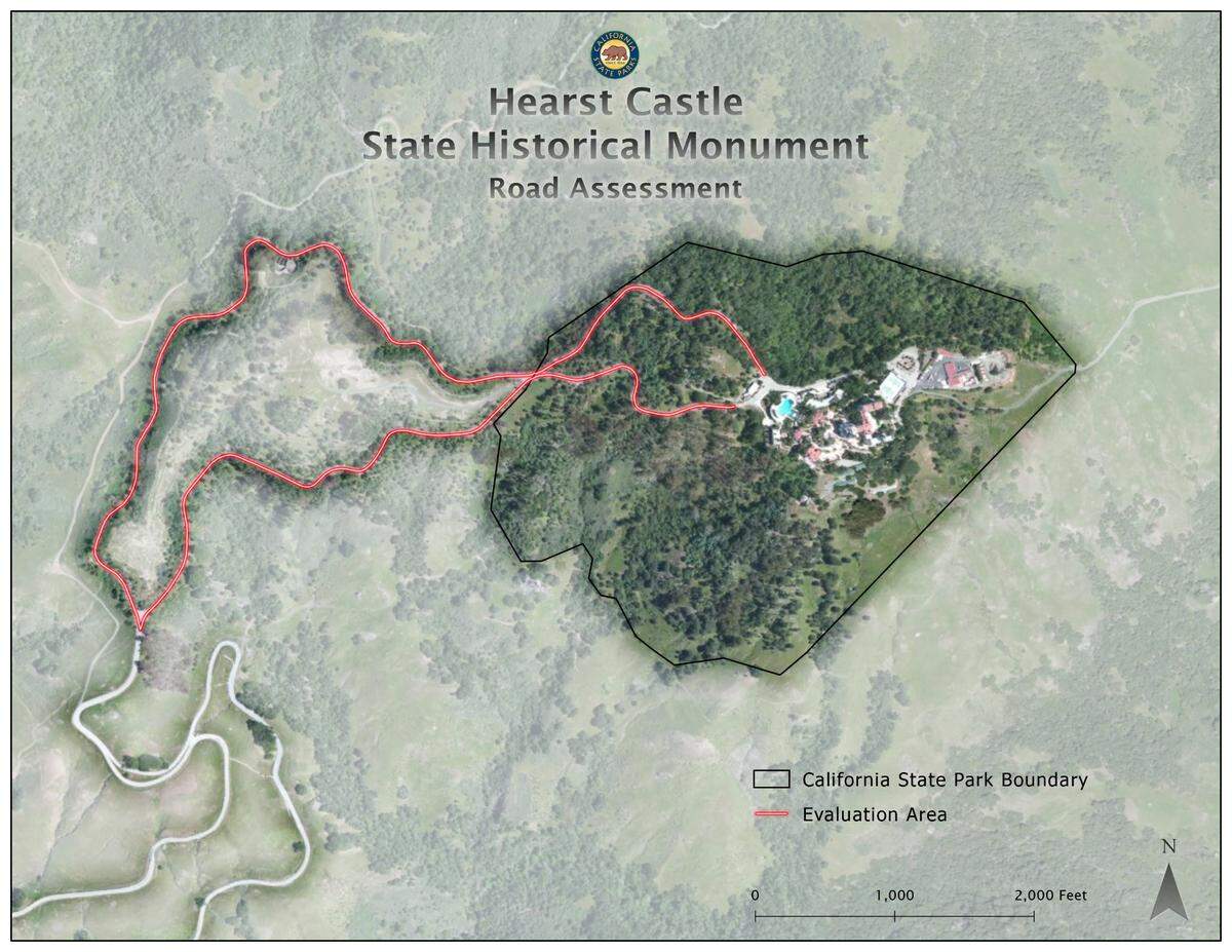 A map shows the upper portions of the hillside road leading to Hearst Castle from the Hearst Castle Visitor Center. The densely forested area surrounds the estate itself. The roadway sections marked in red are the stretches that will be geotechnically examined with ground-penetrating radar to determine the extent of any drainage-system damage under the pavement, problems likely caused by runoff over the past half century.