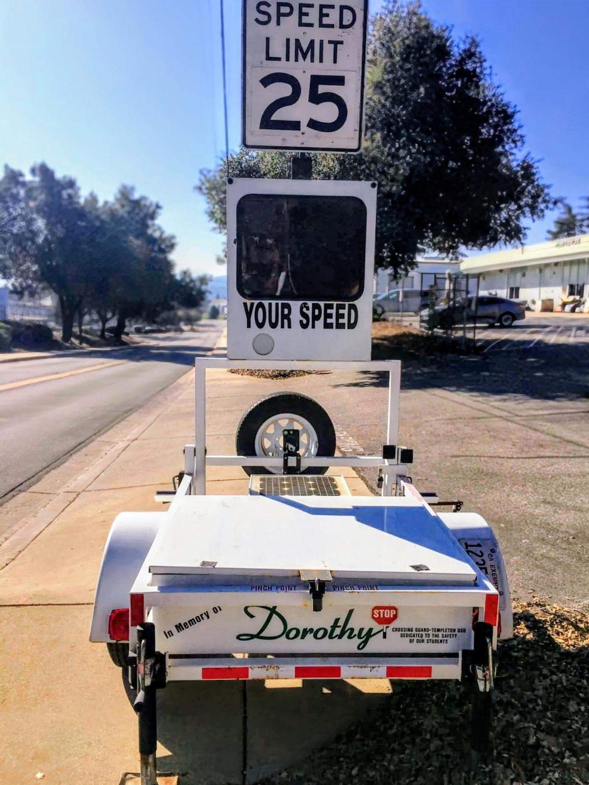 A speed trailer dedicated in memory of Dorothy Akin recognizes her efforts on behalf of local students. Akin’s daughter, Vicki Zimmerman, followed in her mother’s footsteps and became a crossing guard at Templeton Elementary School.
