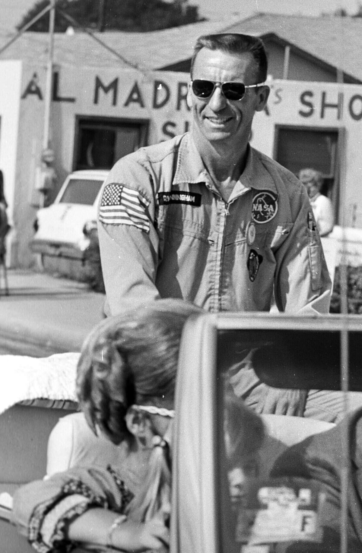Walter Cunningham, a real NASA astronaut pilot of Apollo VII two years earlier, during the 33rd annual Harvest festival parade in Arroyo Grande on Oct. 12, 1970.