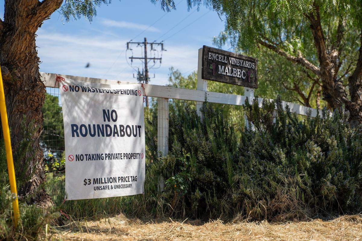 A sign protesting the construction of a roundabout at the intersection of Bethel Road and Vineyard Drive in Templeton on Tuesday, March 24, 2026.