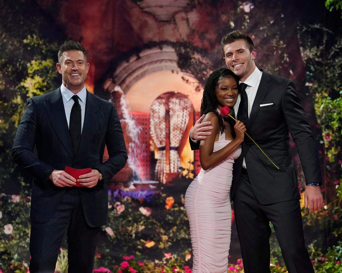 From left to right, Jesse Palmer, Brianna Thorbourne and Zach Shallcross appear on part two of the season finale of “The Bachelorette” on Tuesday, Sept. 20, 2022, on ABC.