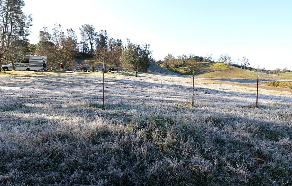 A campground was surrounded by frosted grass off Santa Margarita Lake Road on Feb. 23, 2022.