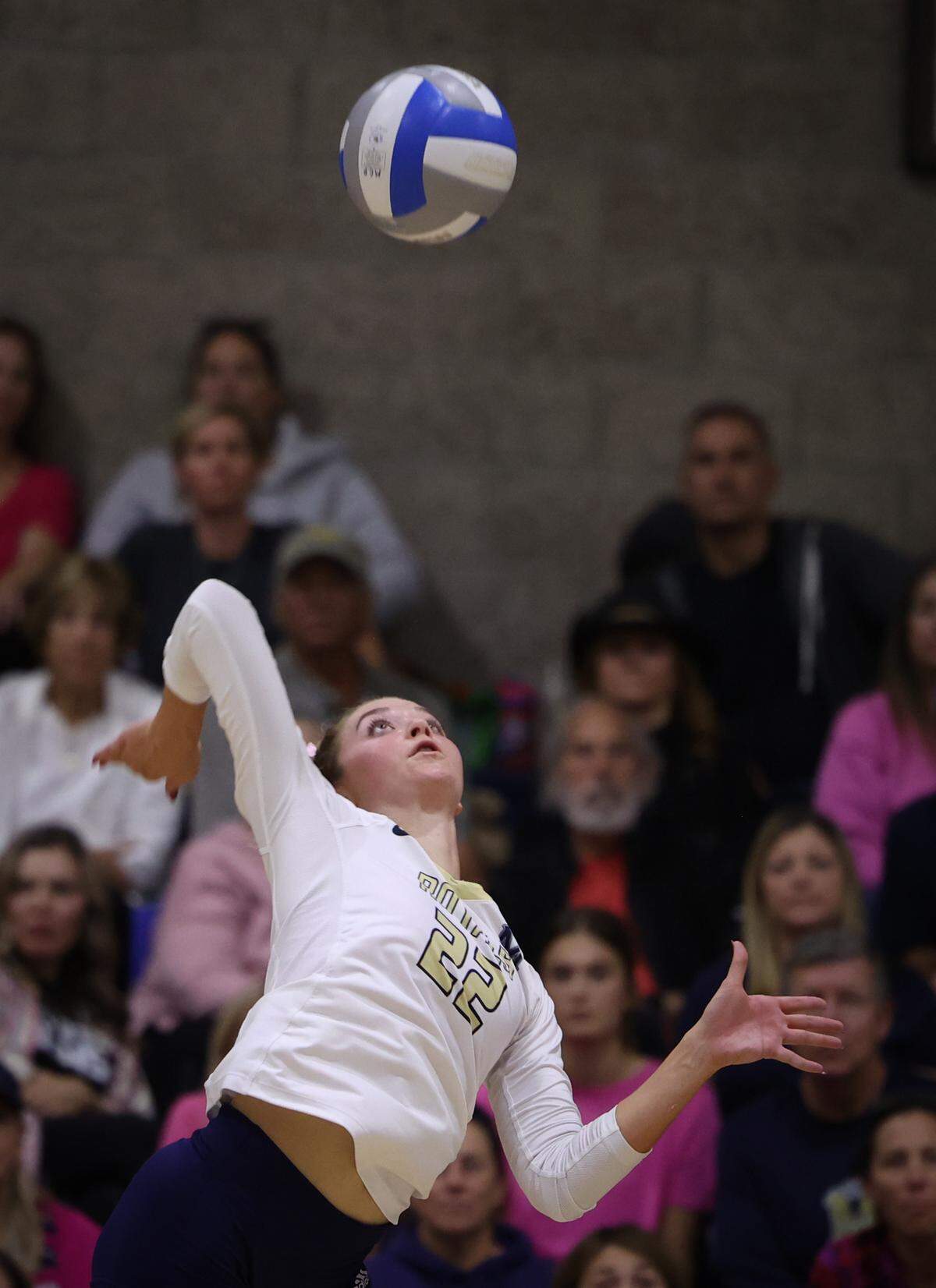 Ella Hais goes up for a spike. Cowitz Gymnasium at Mission Prep was full and loud as the San Luis Obispo Tigers girls volleyball team beat the Royals 3-0 Sept. 26, 2023.