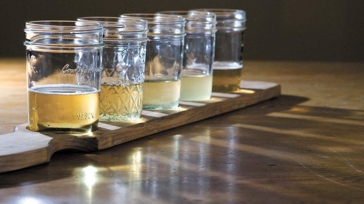 A flight of ciders at Bristols Cider House in Atascadero. From left, Bristols Original, Scrumpy, Calico Jack, Black Bart and Anne Bonny.