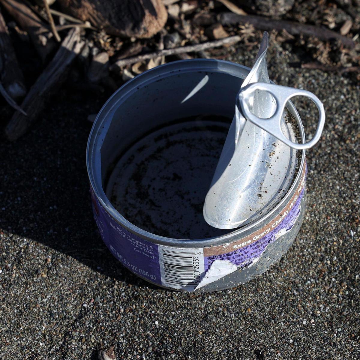 A cat food tin left near a camping area at San Carpoforo Creek Beach along California’s Big Sur coastline.