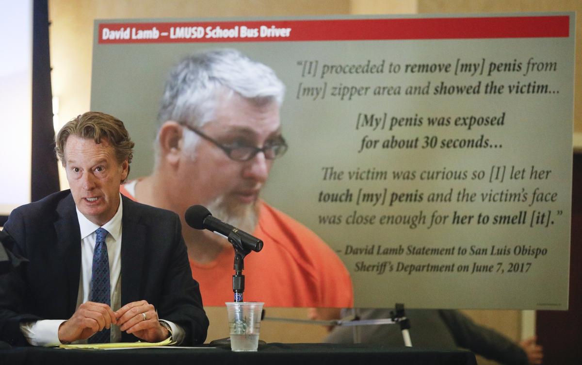 Dave Ring, an attorney with Taylor & Ring, speaks at an April 10, 2018, news conference in San Luis Obispo announcing a lawsuit against the Lucia Mar Unified School District, bus driver David Lamb and the San Luis Obispo County Office of Education on behalf of a 9-year-old special needs student who was molested by Lamb, pictured at right.