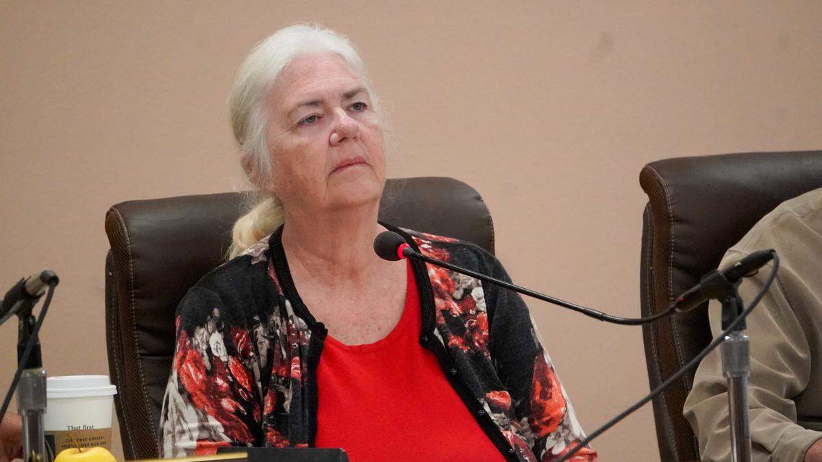 Oceano Community Services District board member Beverly Joyce-Suneson listens to public comment during a board meeting on Oct. 25, 2023. The Wednesday meeting featured the retirement of general manager Will Clemens and frequently devolved into shouting matches.