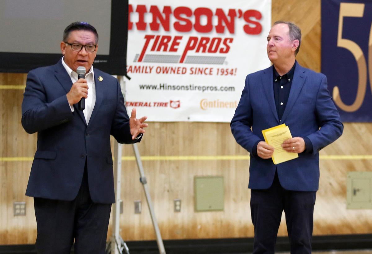 Congressman Salud Carbajal, left, and Sen Adam Schiff held a town hall at Cuesta College in San Luis Obispo on Tuesday, April 22, 2025.