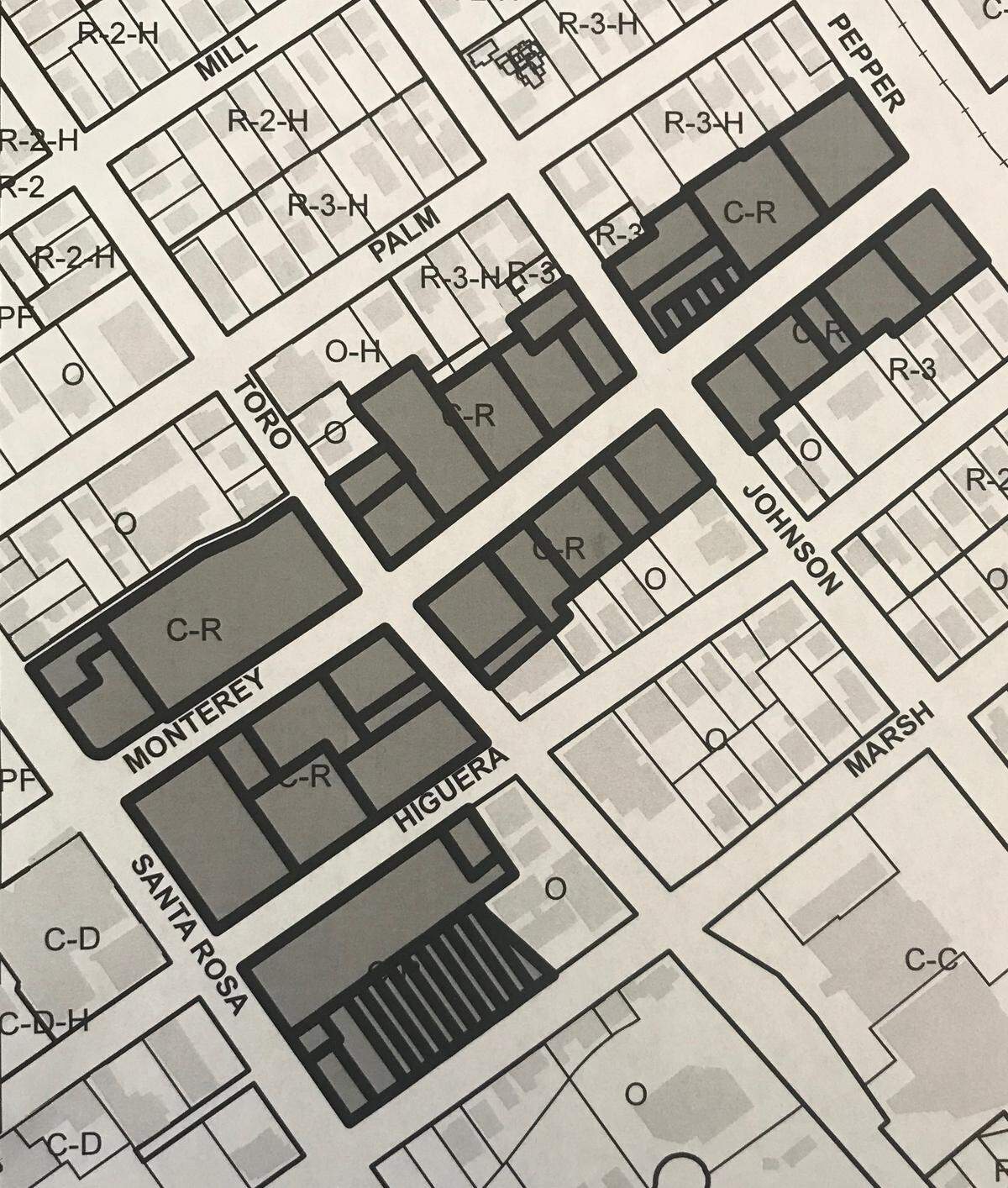 The area of Monterey Street that could see its building height limit raised is between Santa Rosa Street and Pepper Street.