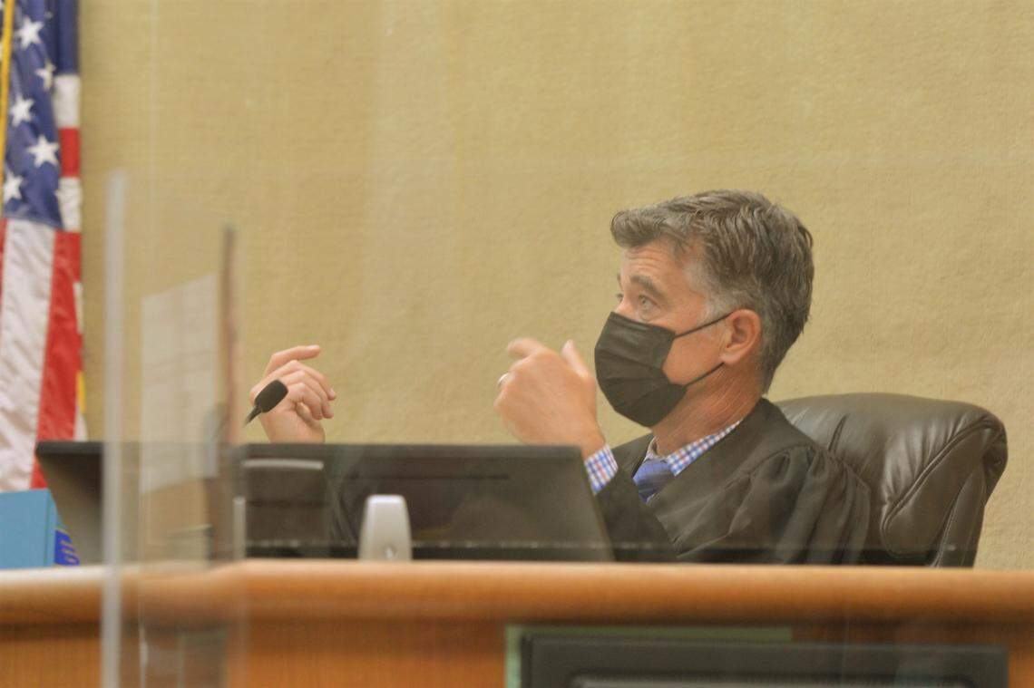 San Luis Obispo Superior Court Judge Craig van Rooyen presides over the 20th day of testimony in a preliminary for Paul and Ruben Flores, accused in the disappearance of Cal Poly freshman Kristin Smart, on Sept. 8, 2021.