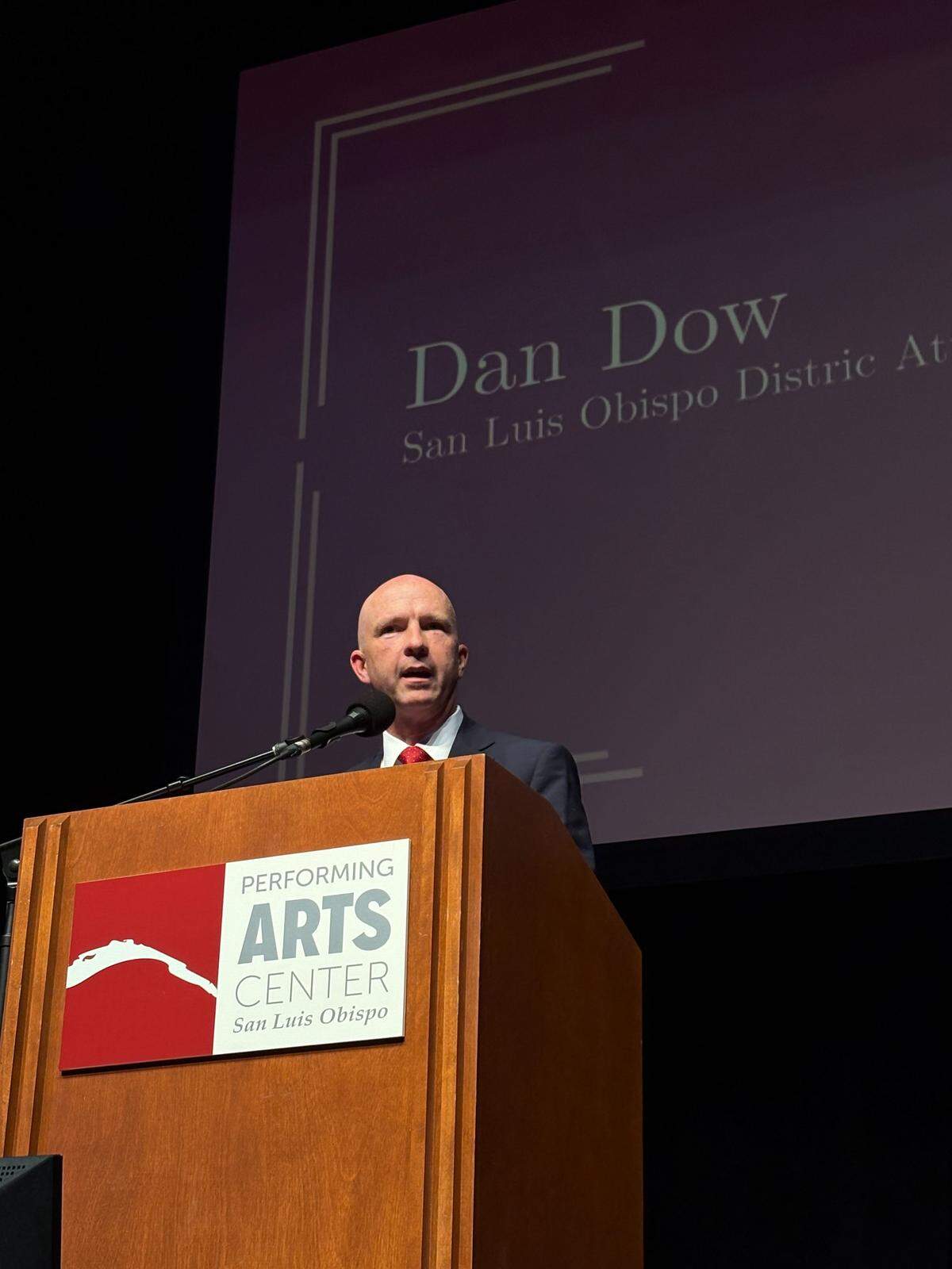 SLO County District Attorney Dan Dow speaks at a vigil honoring the life of conservative activist Charlie Kirk at Cal Poly on Sept. 29, 2025.